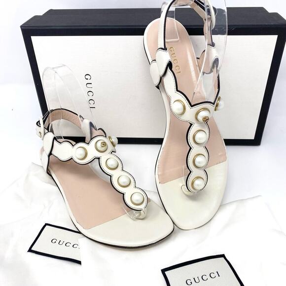GUCCI DOUBLE GG PEARL LEATHER SANDALS SZ 36.5 - Picture 1 of 11